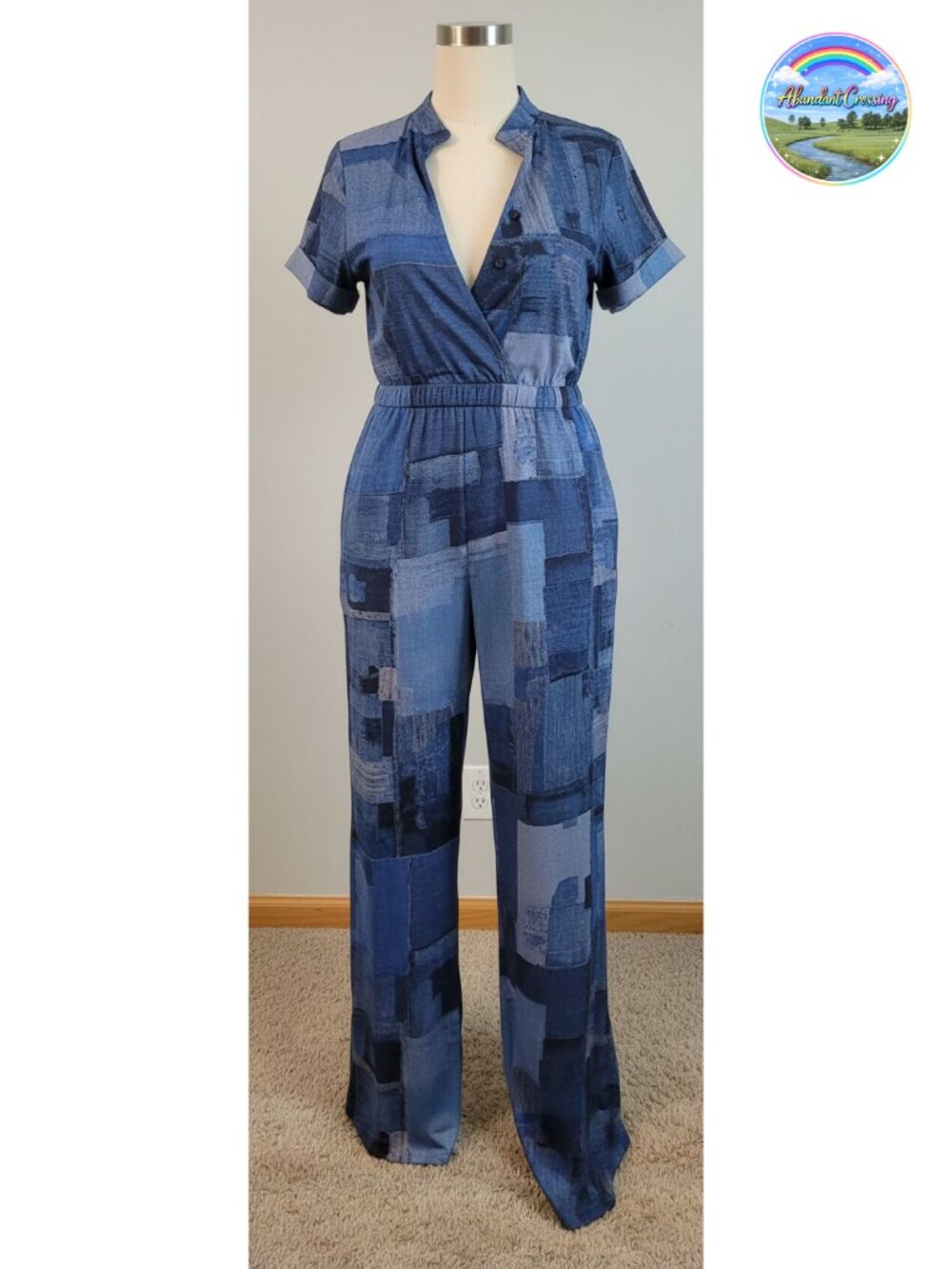 Elegant Wide Leg Jumpsuit Short Sleeve V-Neck Tie Belt Pockets Casual